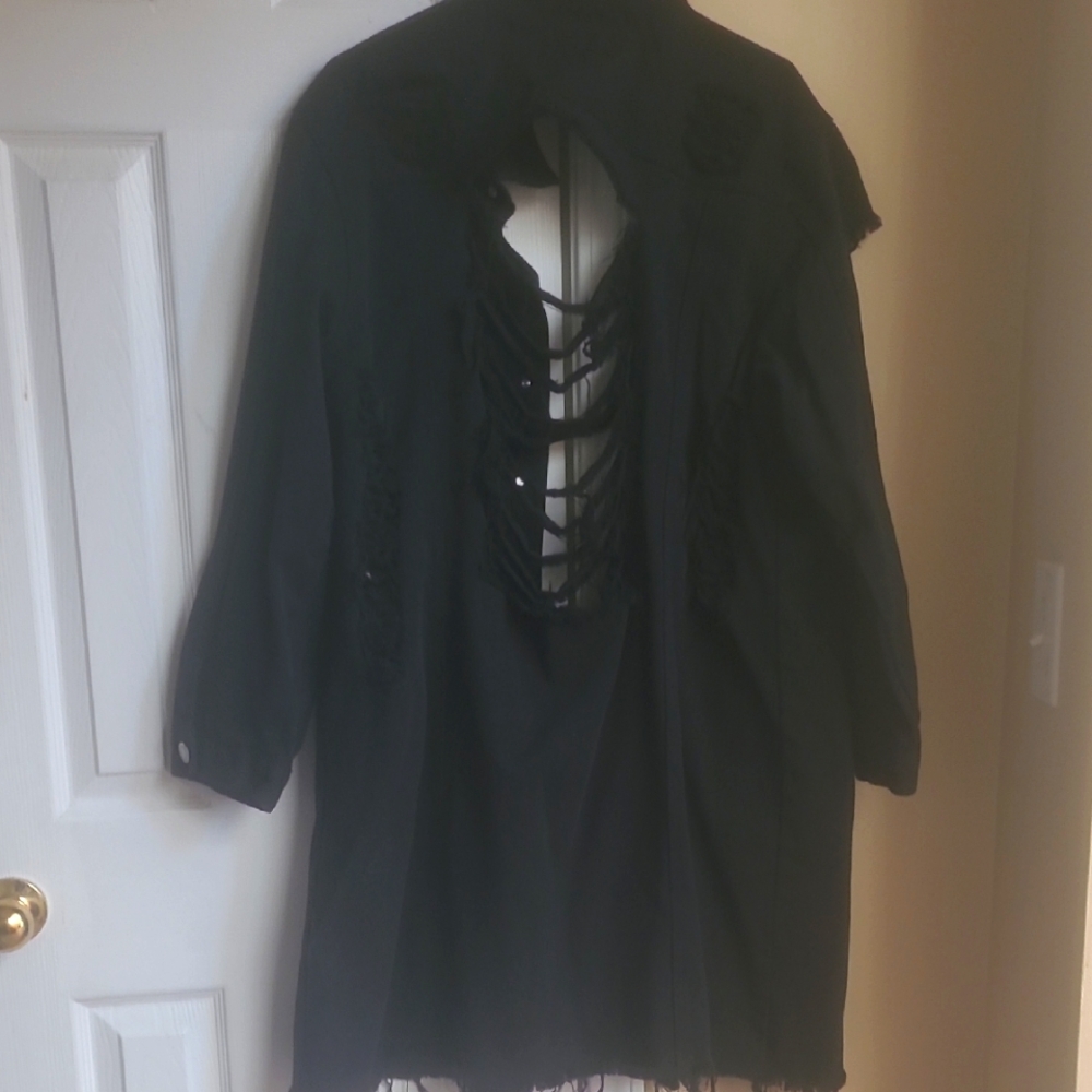 Black Distressed Denim Long Jacket